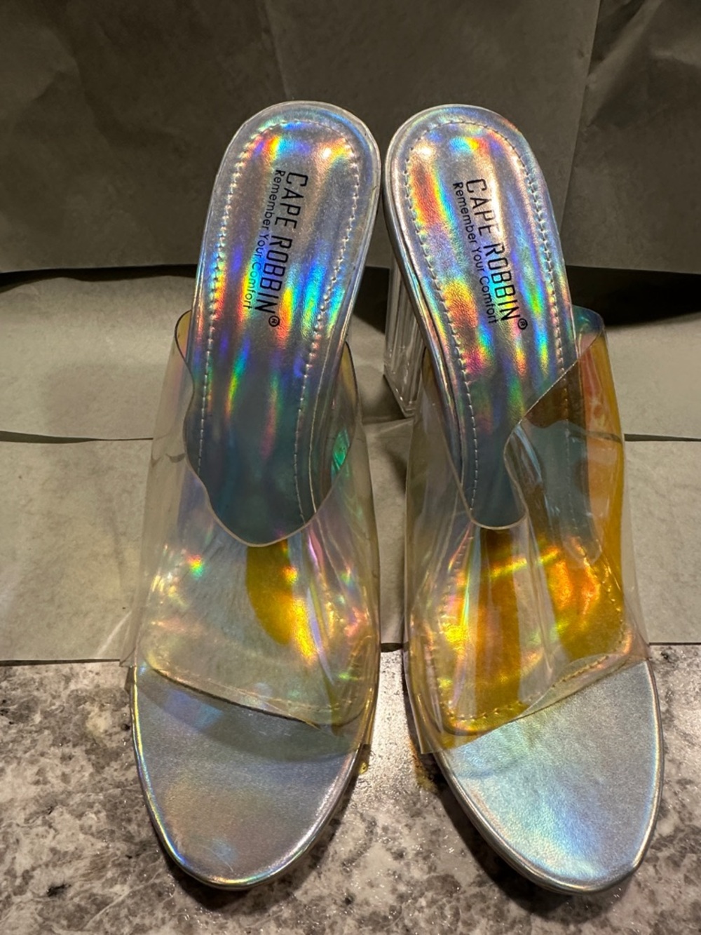 Cape Robbin Iridescent Clear Mule Heels - Rainbow Shine